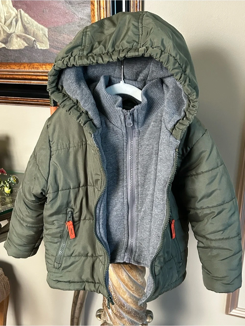 Rothschild Toddler Hooded Puffer Jacket Olive Gray Layered Utility Coat 2T